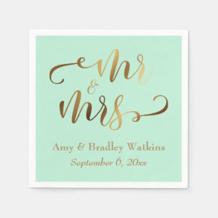 "Mr and Mrs" Faux Gold Foil Script on Mint Napkin