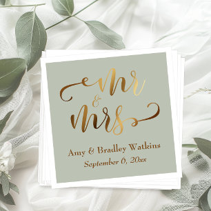 "Mr and Mrs" Faux Gold Foil Script on Sage Green Napkin