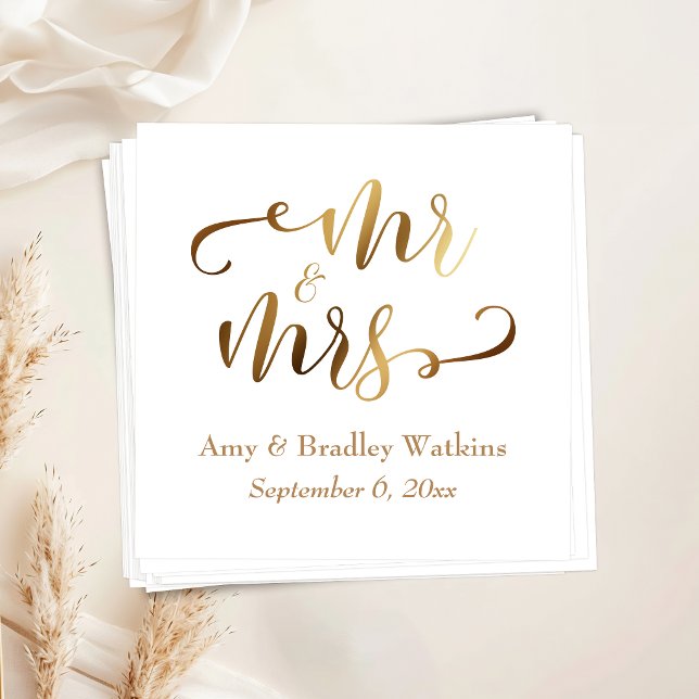"Mr and Mrs" Faux Gold Foil Script on White Napkin (Creator Uploaded)