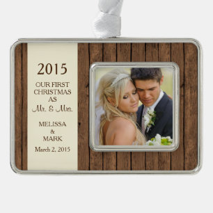 Mr and Mrs First Christmas Photo Rustic Wood Silver Plated Framed Ornament