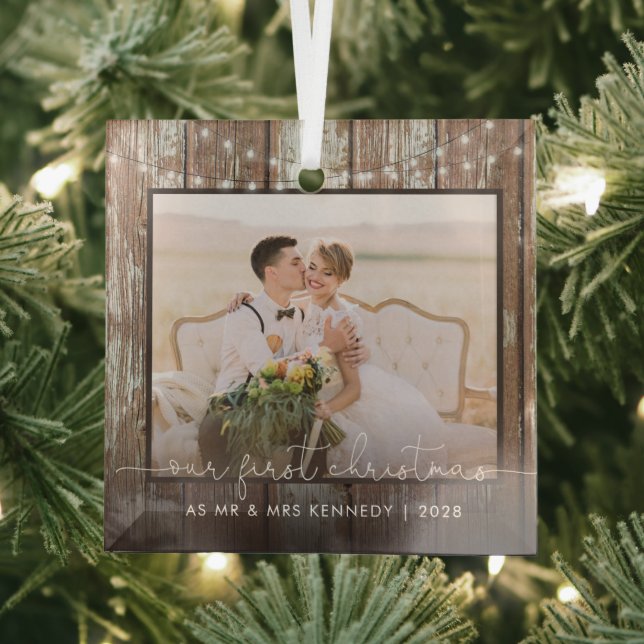 Mr and Mrs First Christmas Rustic Wood and Lights  Glass Tree Decoration (Insitu)