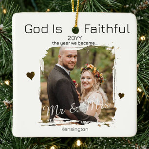 Mr and Mrs First Christmas Year Faithful God Photo Ceramic Ornament