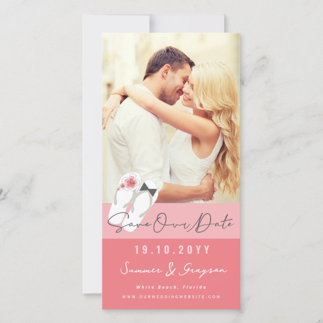 Mr And Mrs Flip Flops Pink Hibiscus Beach Photo Save The Date (Front)