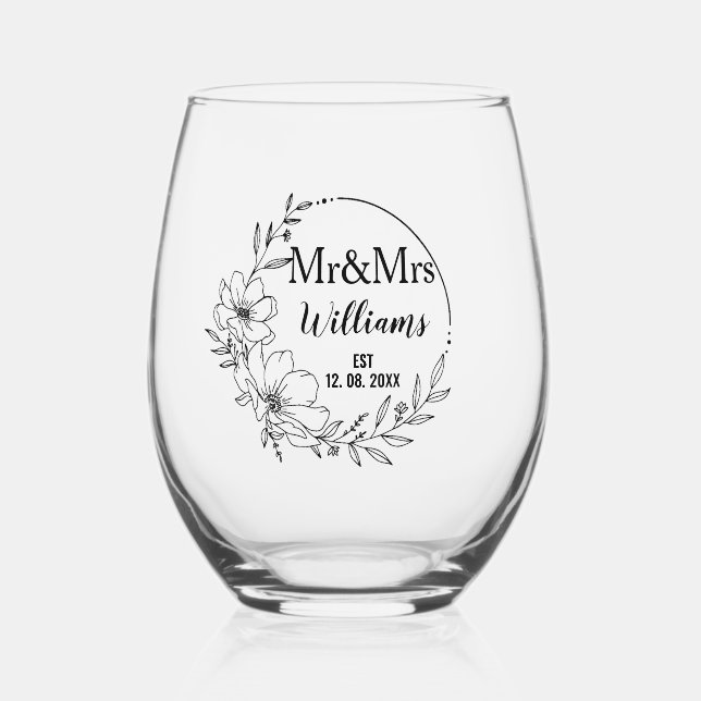 Mr And Mrs Floral Anniversary Family Name Est Stemless Wine Glass (Front)