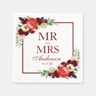 Mr. and Mrs. Floral Burgundy Boho Wedding Napkin
