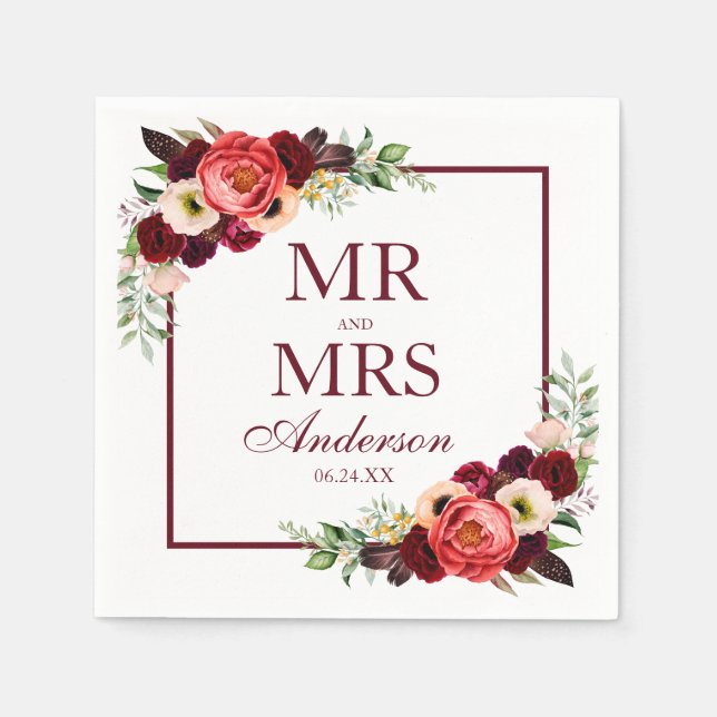 Mr. and Mrs. Floral Burgundy Boho Wedding Napkin (Front)