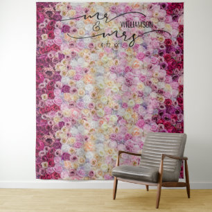 Mr. and Mrs. Floral Roses Wedding Backdrop Tapestry