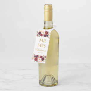 Mr. and Mrs. Gold Burgundy Floral Wedding Bottle Tag