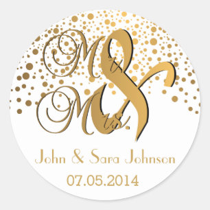 Mr and Mrs Gold Dots Wedding Personalise Classic Round Sticker