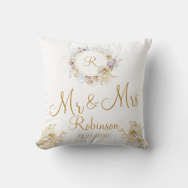 Mr and Mrs Gold Floral Monogram Logo Throw Pillow (Front)