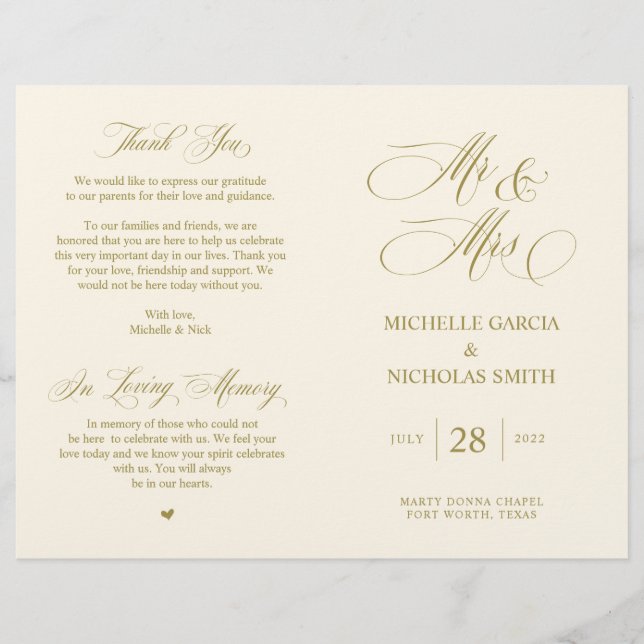 Mr and Mrs, Gold font, Foldable Wedding Program (Front)