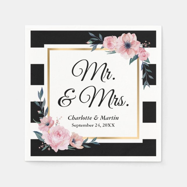 Mr and Mrs Gold Frame Black White Floral Wedding Napkin (Front)