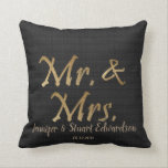 Mr and Mrs Gold script black burlap Wedding Cushion<br><div class="desc">Wonderful wedding gift,  luxury gold letters,  Mr and Mrs script on black burlap pillow.
You can add your own names and date.
If you need help please contact me at pixelshoot3@gmail.com</div>