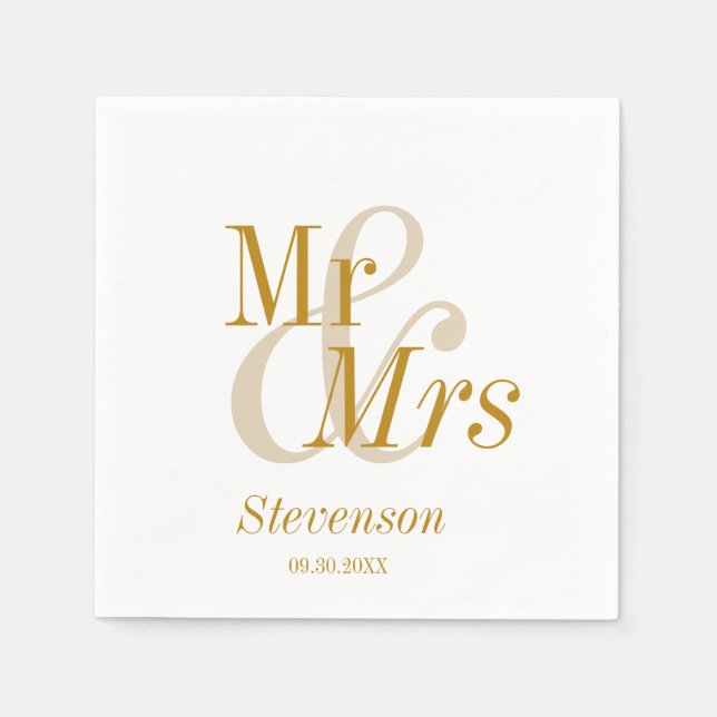Mr and Mrs Gold Script Modern Minimal Wedding  Napkin (Front)