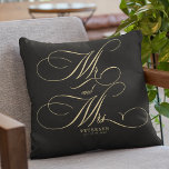 Mr and Mrs gold script personalised wedding black Cushion<br><div class="desc">Elegant classic faux gold script Mr. and Mrs. wedding solid black pillow personalised with last name and wedding date.</div>