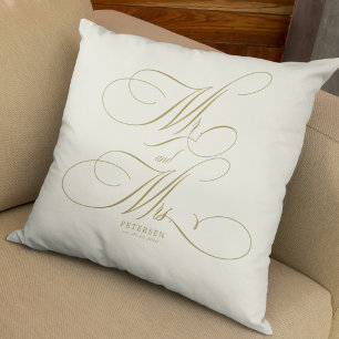 Mr and Mrs gold script personalised wedding cream Cushion