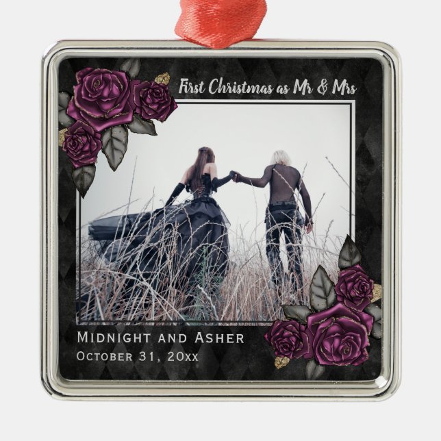 Mr and Mrs Gothic Rose Christmas  Metal Tree Decoration (Front)