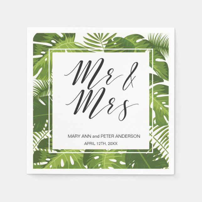 Mr and mrs green leaves wedding paper napkins (Front)