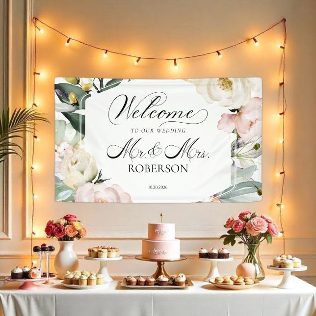Mr and Mrs | Greenery Floral Frame Wedding Welcome Banner (Creator Uploaded)