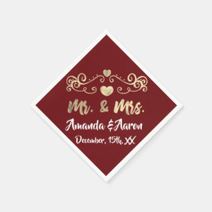 Mr. and Mrs. Heart Burgundy Maroon Champaigne Gold Napkin