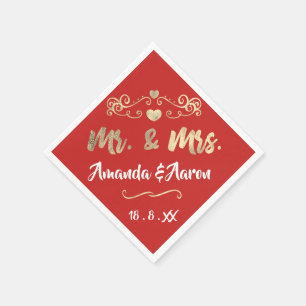 Mr. and Mrs. Heart Red Ruby Champaigne Gold Napkin