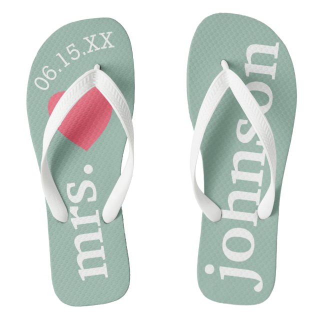 Mr. and Mrs. Honeymoon Heart - Teal pink Flip Flops (Footbed)