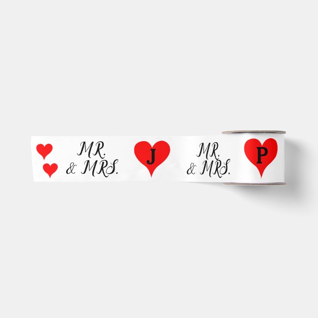 Mr. and Mrs. Initials Red Hearts 3" Satin Ribbon (Front)