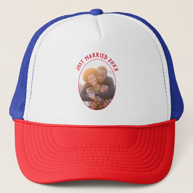 Mr And Mrs Just Married Red White And Blue Trucker Hat (Front)