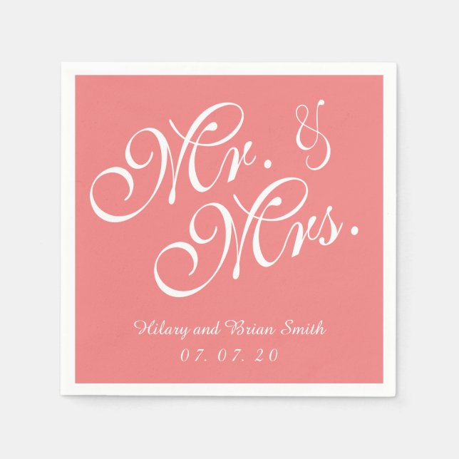 Mr. and Mrs. Light Coral Wedding Paper Napkins (Front)