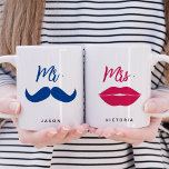 Mr. and Mrs. Matching Lovers Lips & Moustache Coffee Mug Set<br><div class="desc">Celebrate love with this adorable matching mug set, perfect for couples! The 'Mr.' mug features a bold blue moustache, while the 'Mrs.' mug highlights vibrant red lips, both in elegant script fonts. Personalise each mug with names to make it uniquely yours. This charming set is ideal for anniversaries, weddings, or...</div>