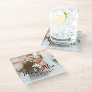 Mr And Mrs Minimalist Elegant Cute Wedding Photo Glass Coaster
