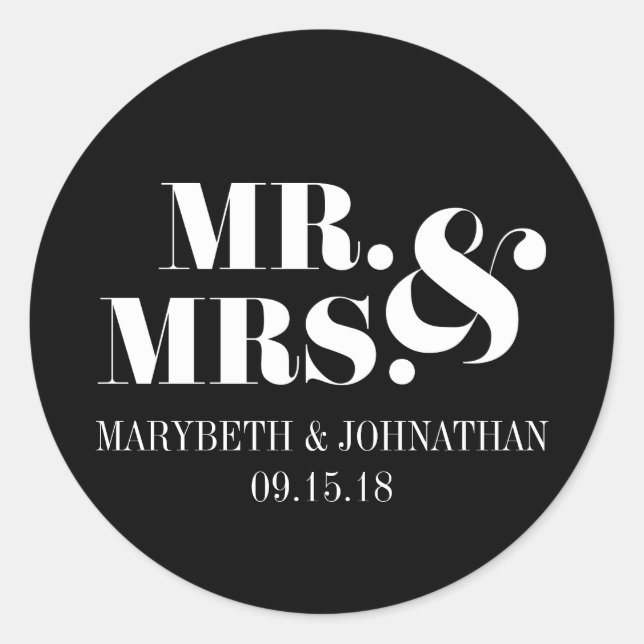 Mr and Mrs Modern Bold Wedding Favour Sticker (Front)