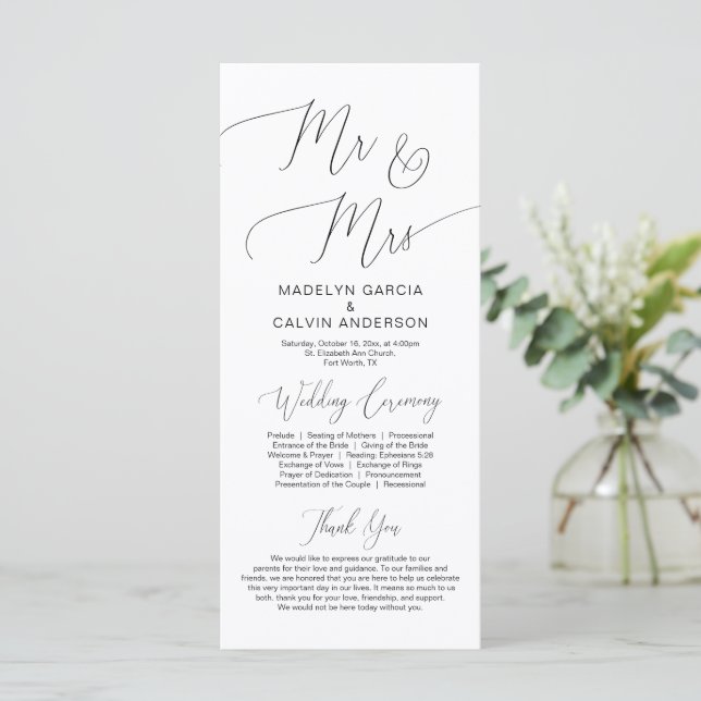 Mr and Mrs, modern classy Wedding Ceremony Program Programme (Standing Front)