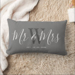 Mr And Mrs Modern Grey White Keepsake Monogram Lumbar Cushion<br><div class="desc">Surprise a newly married couple with this Mr. And Mrs. Modern Grey White Keepsake Monogram Lumbar Pillow. It is an elegant design with a light grey background. The centre has bride and groom's last name monogram letter in dark grey. The text is "Mr. and Mrs." in white trendy handwritten script...</div>
