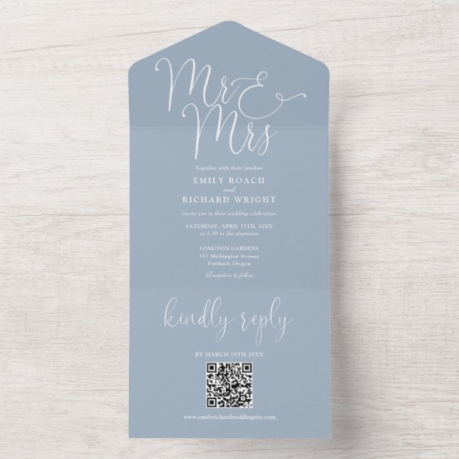 Mr And Mrs Modern QR Code Dusty Blue Wedding All In One Invitation (Inside)