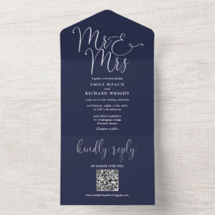 Mr And Mrs Modern QR Code Navy Blue Wedding All In One Invitation