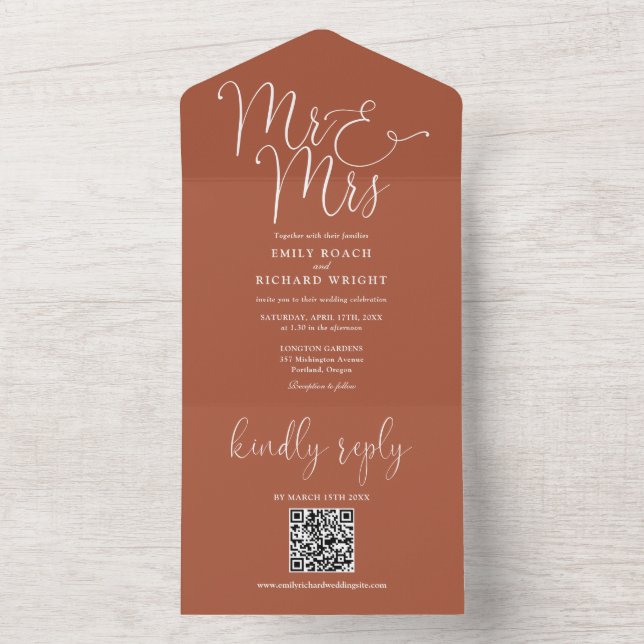 Mr And Mrs Modern QR Code Terracotta Wedding All In One Invitation (Inside)