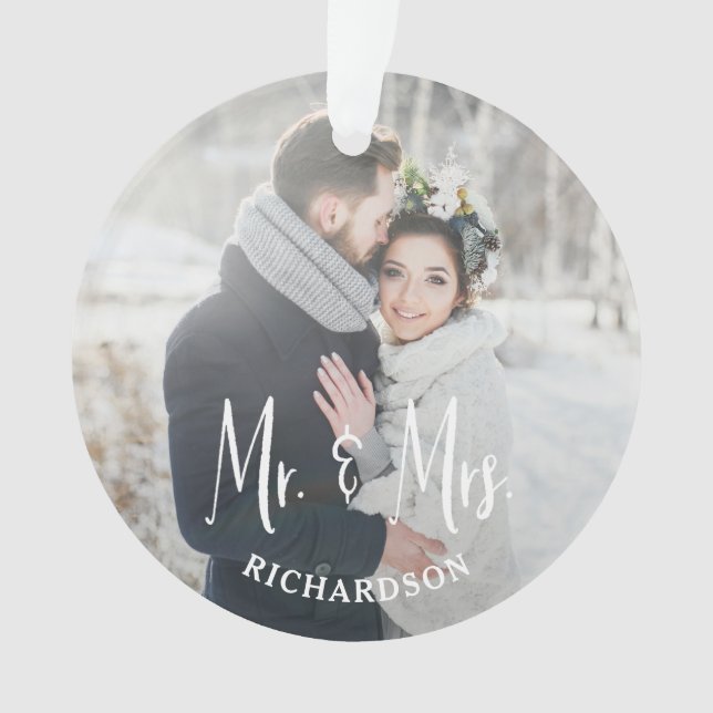 Mr and Mrs | Modern Rustic Wedding Photo Ornament (Front)