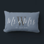 Mr And Mrs Modern Script Typography Personalised  Lumbar Cushion<br><div class="desc">Welcome friends and family to your home with this Mr And Mrs Newlyweds Script Typography Personalised Lumbar Pillow. It is an elegant design with a modern dusty blue background. The centre has bride and groom's last name monogram letter in light grey. The text is "mr and mrs" in white trendy...</div>