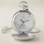 Mr and Mrs | Modern Script Wedding Pocket Watch<br><div class="desc">"Mr and Mrs" Modern Script Personalised Couple Gift

Perfect as wedding gifts for newlywed,  wedding anniversary gifts,  Valentine's day gifts and gift for any occasions.

Please note: The marble details are simulated in the artwork. No actual marble will be used in the making of this product.</div>
