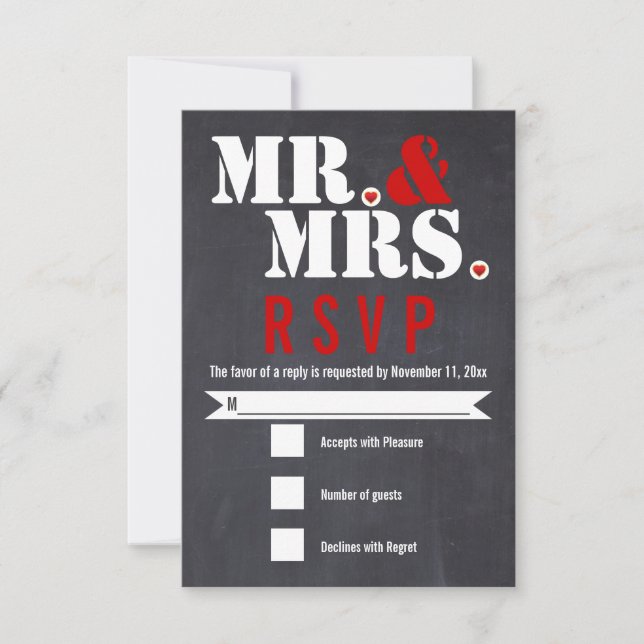 Mr. and Mrs. Modern typography black, red RSVP (Front)
