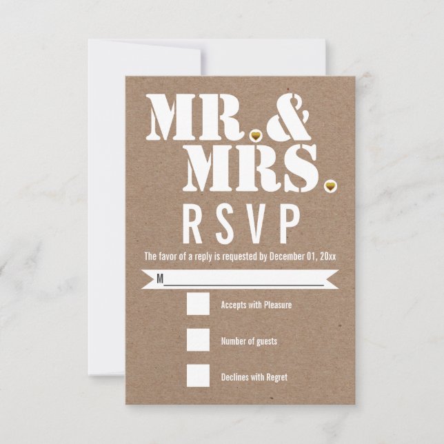 Mr. and Mrs. Modern typography kraft paper RSVP Card (Front)