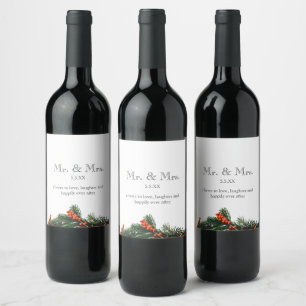 Mr and Mrs Monogram Pine with Berries Wedding Wine Label