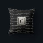 Mr. And Mrs. Name Monogram Black White Cushion<br><div class="desc">Mr. and Mrs. in black & white wedding or anniversary monogram throw pillow.  Full Mr. & Mrs. pattern on pillow.  Monogram in the centre on faux silver metallic background. So pretty for bridal shower,  anniversary or wedding gifts. Classy and chic.</div>