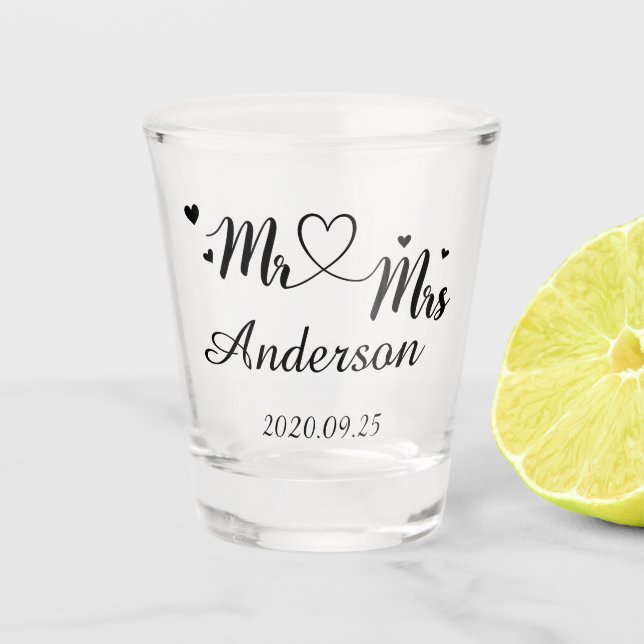 Mr and Mrs - Name - Weddind date Shot Glass (Front)