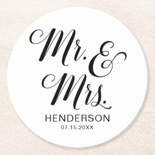 Mr. and Mrs. Name Wedding Round Paper Coaster