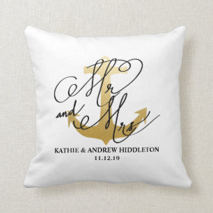 Mr And Mrs Nautical Anchor Faux Gold Foil Wedding Cushion