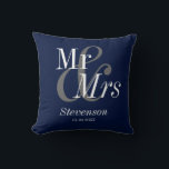 Mr and Mrs  Navy Blue Elegant Modern Wedding Gift Cushion<br><div class="desc">Mr and Mrs Gold Script Elegant Modern Wedding Gift Throw Pillow. Perfect keepsake gift for your favourite newly weds,  couple and wedding party. Easy to customise. Get yours today!</div>