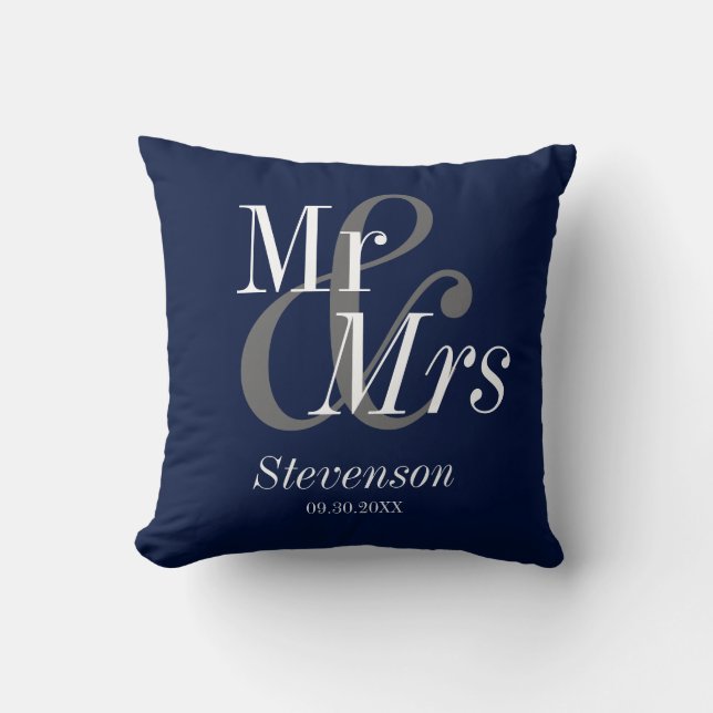 Mr and Mrs  Navy Blue Elegant Modern Wedding Gift Cushion (Front)