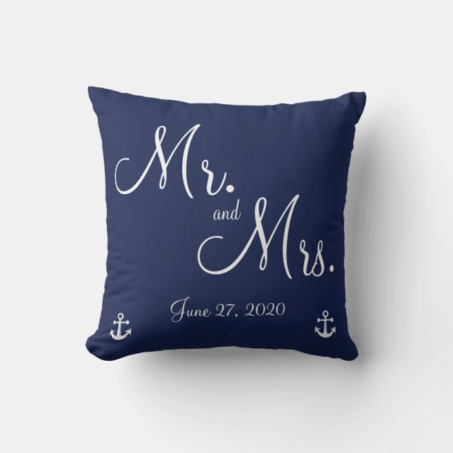 Mr. and Mrs. Navy Blue Nautical Wedding Pillows (Front)